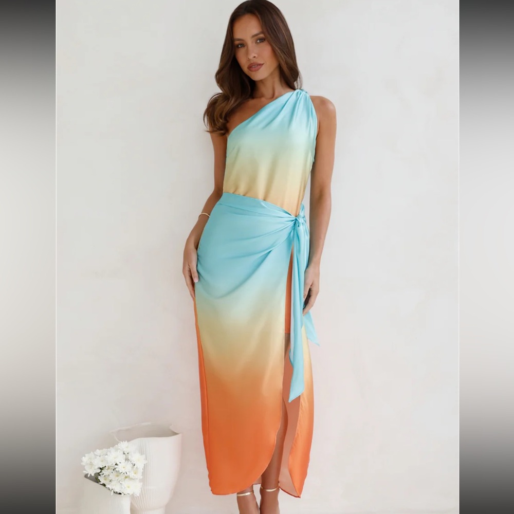 Hello Molly Ariel One Shoulder Satin Midi Dress Aqua
